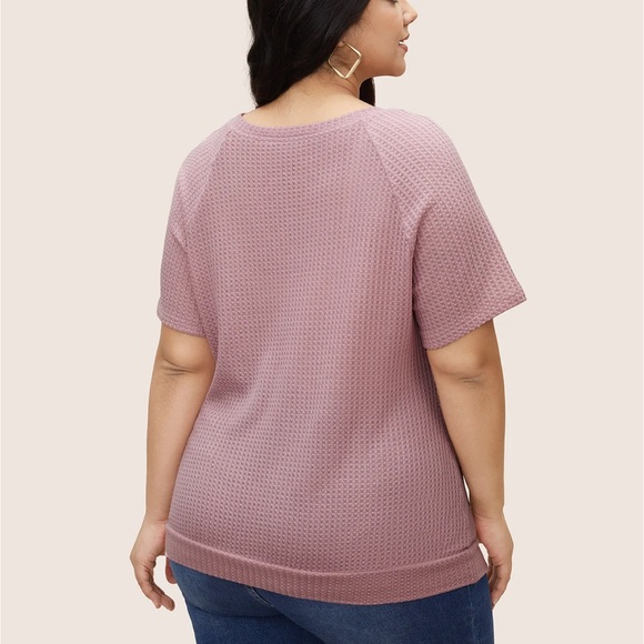Bloomchic Plain Waffle Knit V Neck T-Shirt - Picture 2 of 7